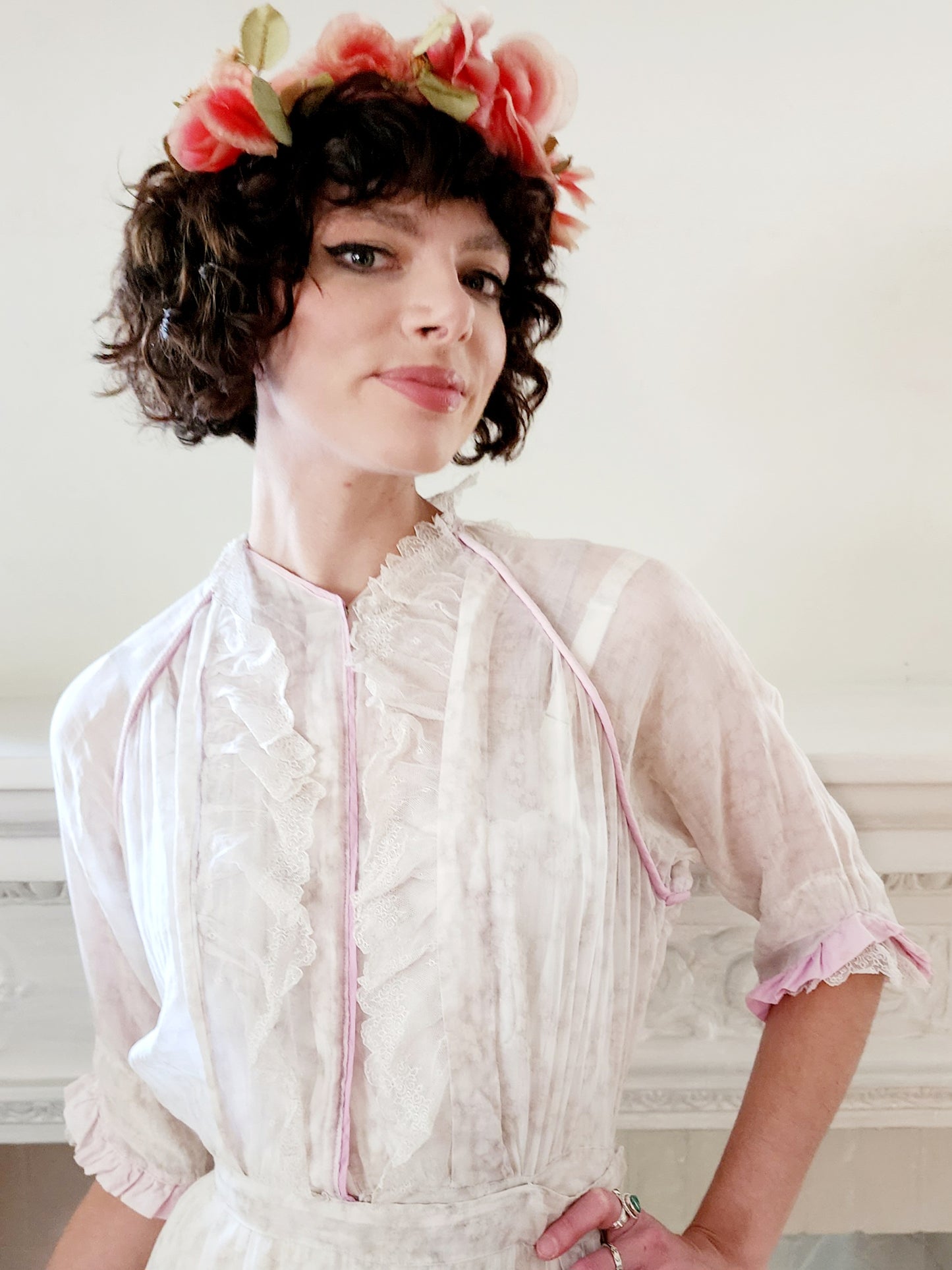 Edwardian Dress Subtle Floral Print w/ Pink Trim S