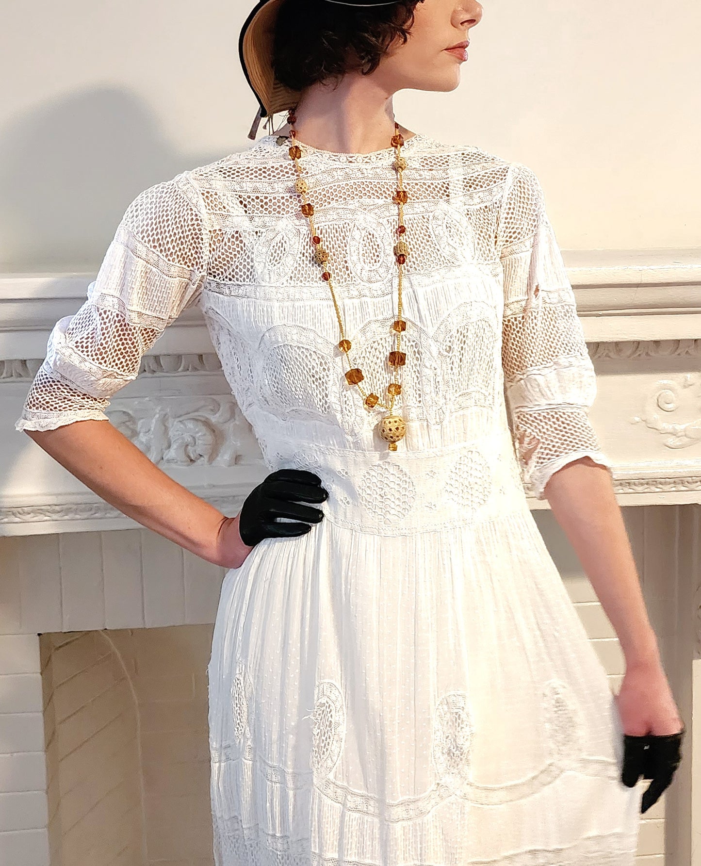 Edwardian White Lawn Dress Dotted Swiss & Crochet Lace Marjory