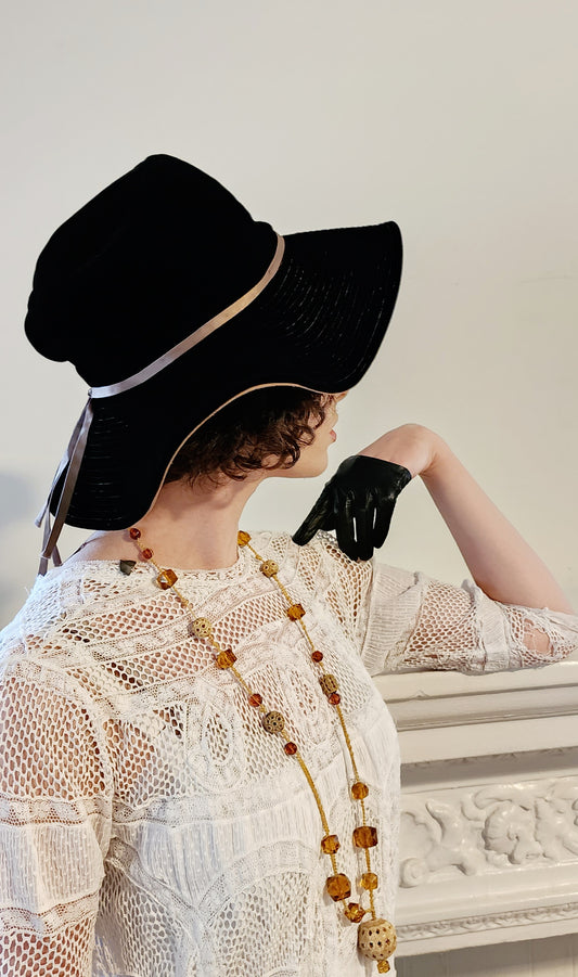 70s Black Velvet Floppy Hat Wide Brim Boho