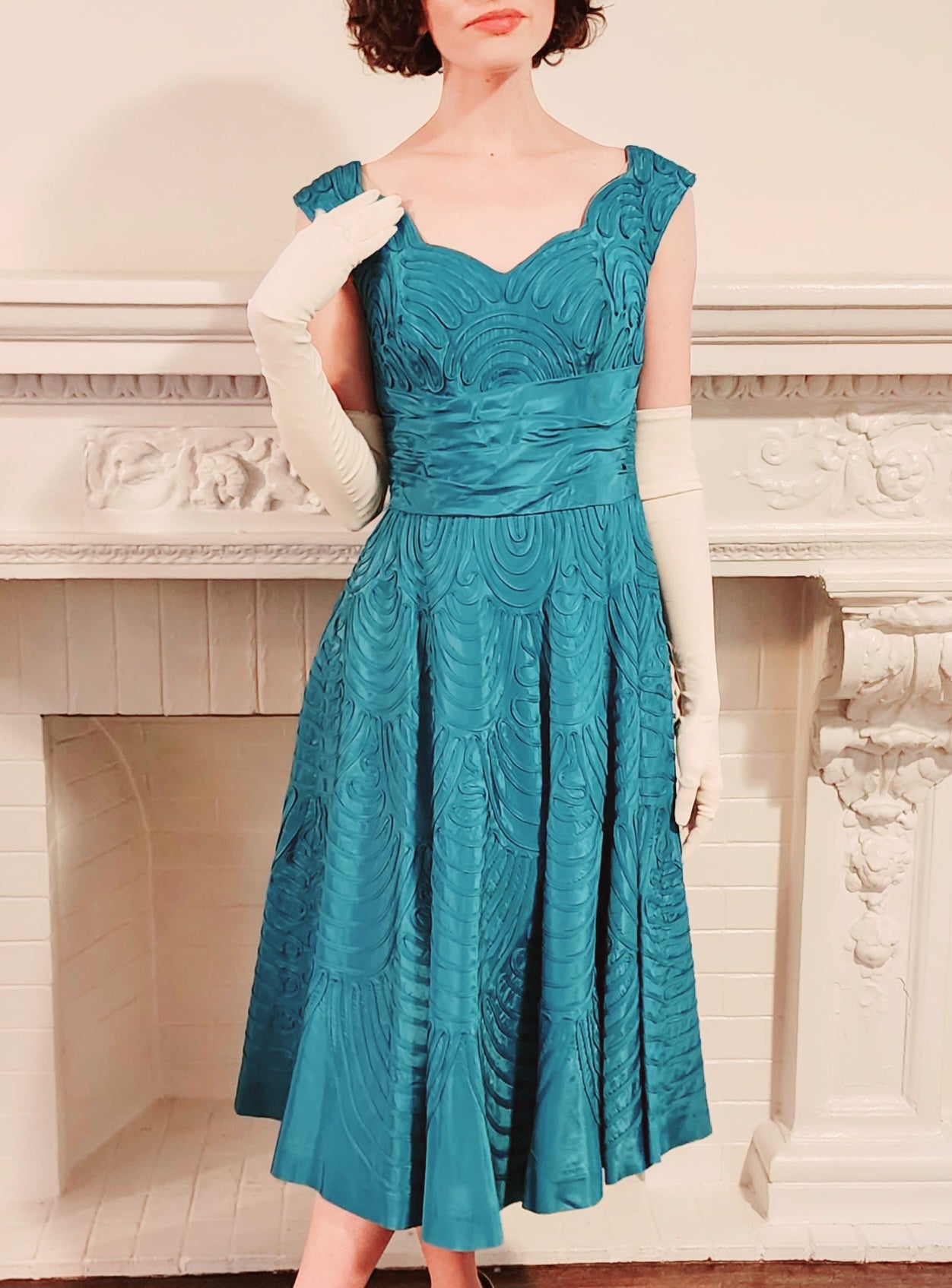 50s Aqua Blue Silk Ribbon Party Dress by Smart Miss / S