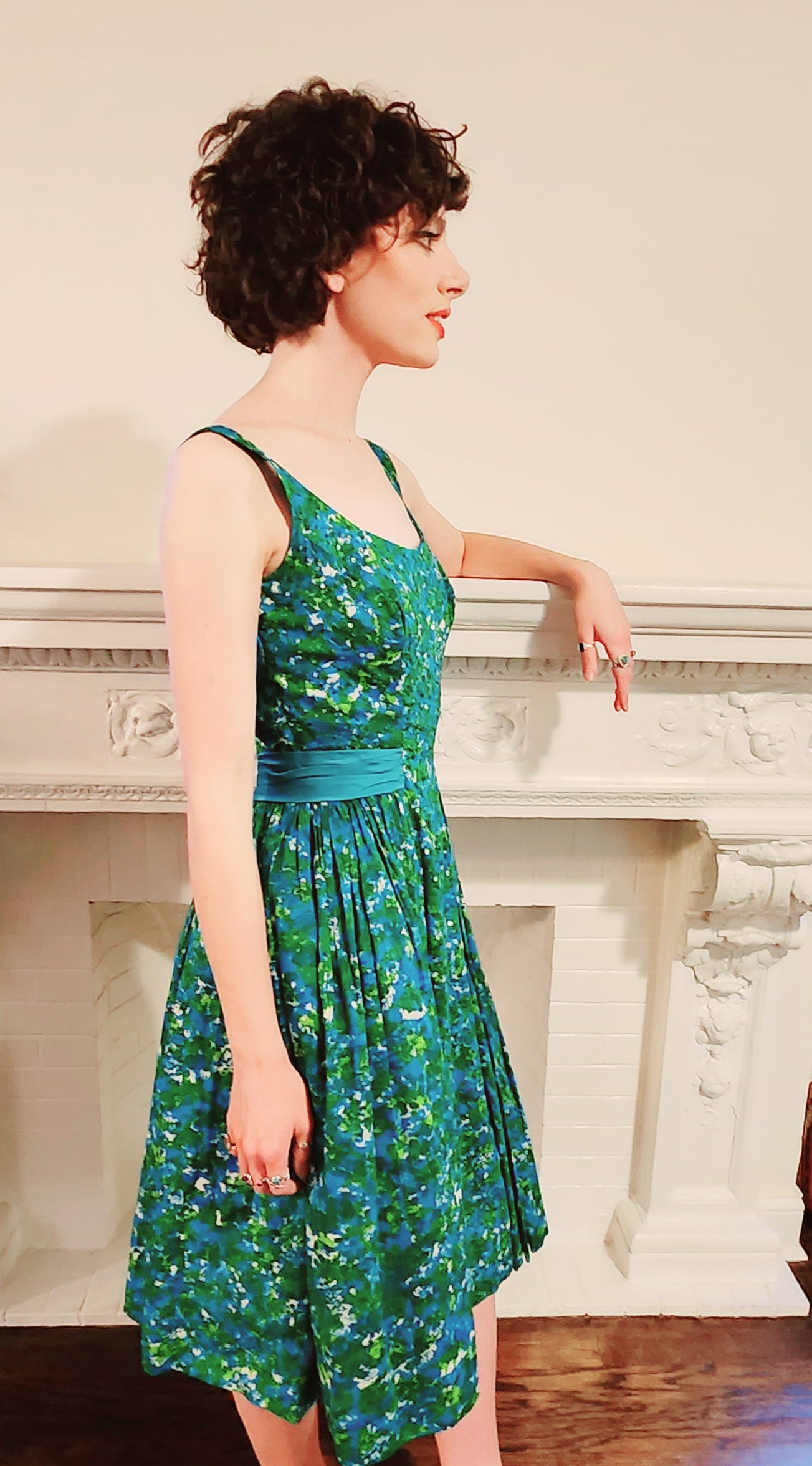 50s Dress Green Cotton Floral Print Party Dress w/Sequins by Lee Claire 50s Dress Green Cotton Floral Print Party Dress w/Sequins by Lee Claire