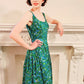 50s Dress Green Cotton Floral Print Party Dress w/Sequins by Lee Claire