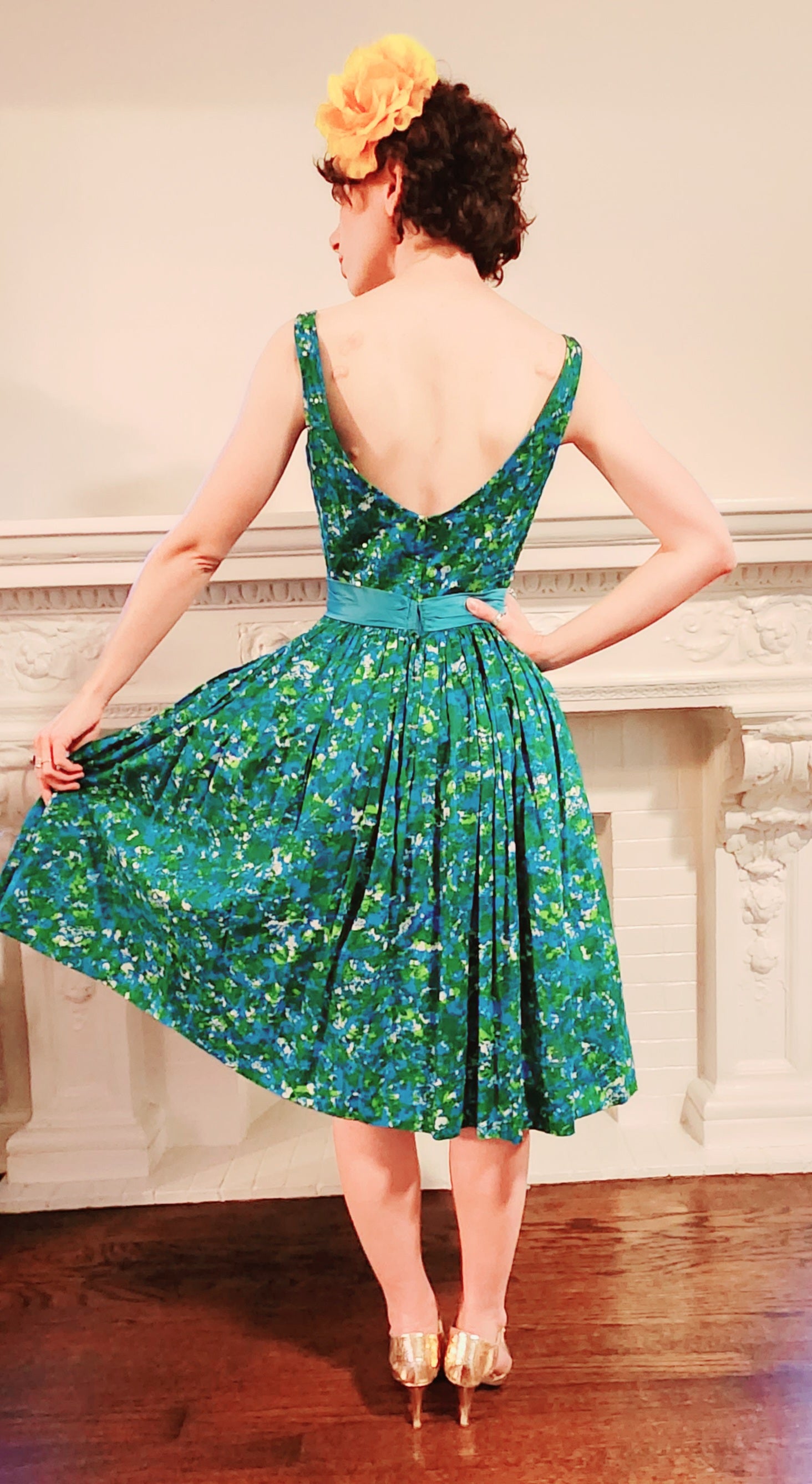 50s Dress Green Cotton Floral Print Party Dress w/Sequins by Lee Claire 50s Dress Green Cotton Floral Print Party Dress w/Sequins by Lee Claire