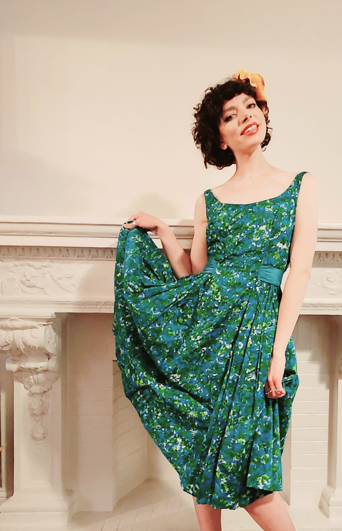 50s Dress Green Cotton Floral Print Party Dress w/Sequins by Lee Clair RareJule Vintage 50s Dress Green Cotton Floral Print Party Dress w/Sequins by Lee Clair RareJule Vintage