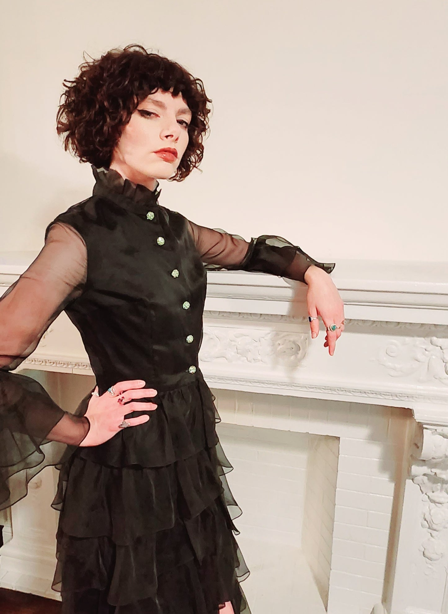 70s Black Maxi Dress in Silk Organza Rhinestone Buttons by Melinda / M