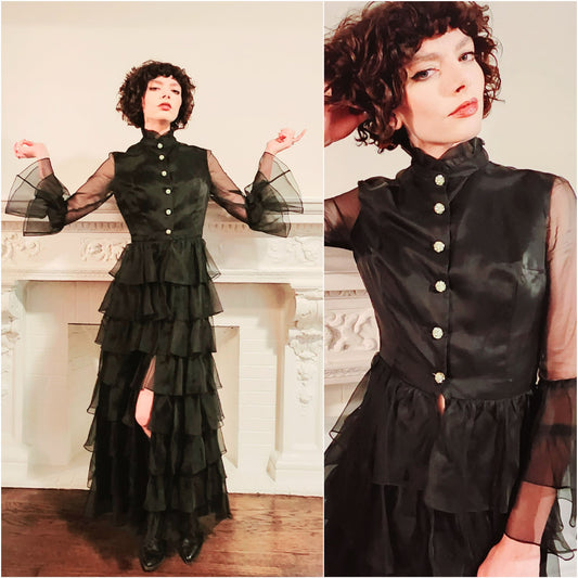 70s Black Maxi Dress in Silk Organza Rhinestone Buttons by Melinda / M