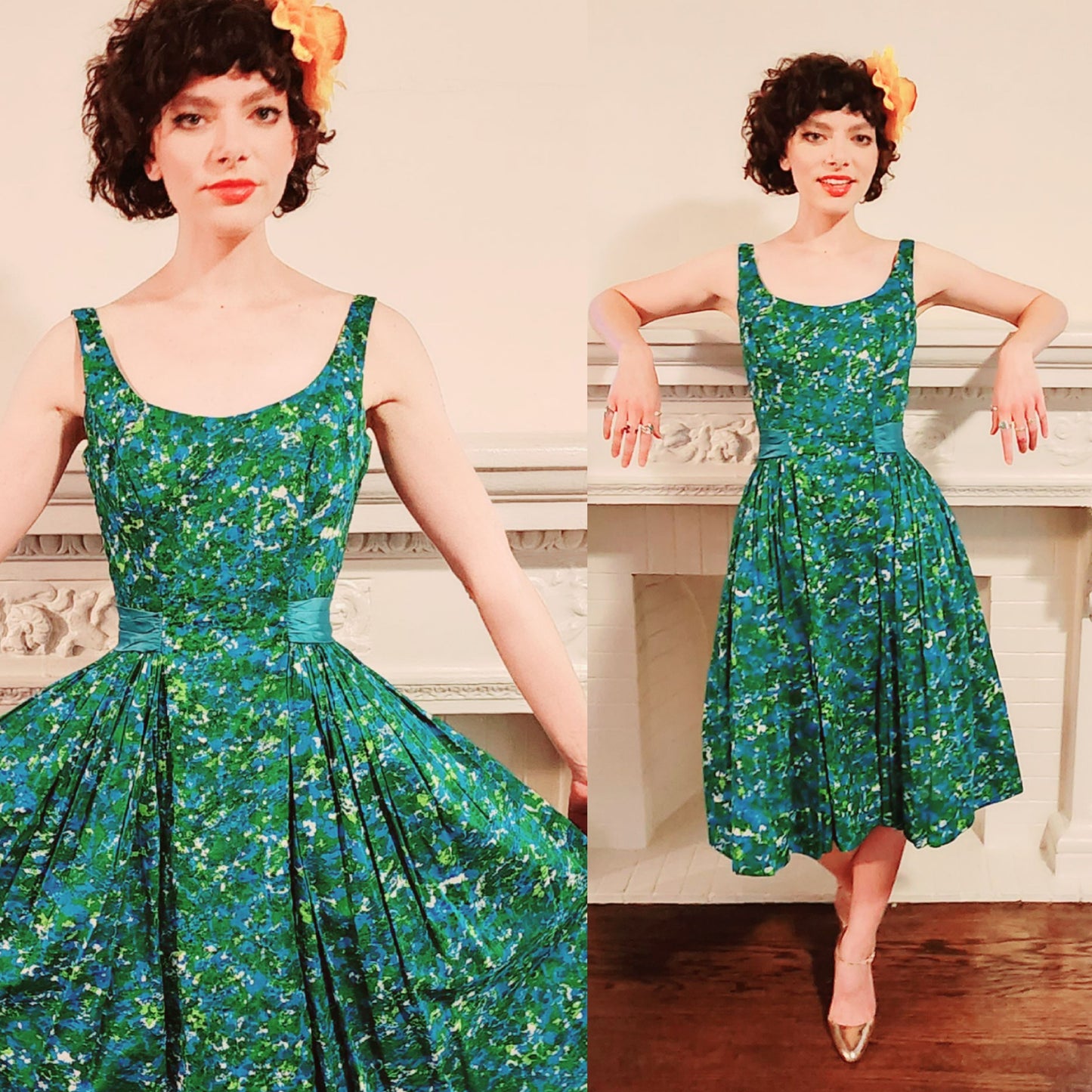 50s Dress Green Cotton Floral Print Party Dress w/Sequins by Lee Claire