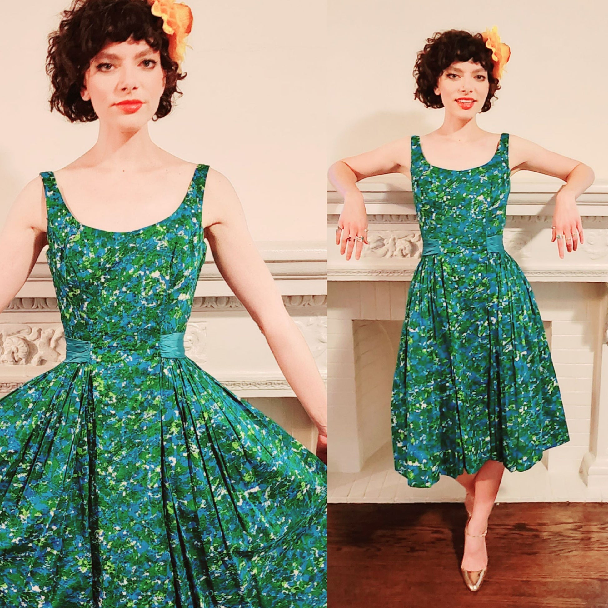 50s Dress Green Cotton Floral Print Party Dress w/Sequins by Lee Claire 50s Dress Green Cotton Floral Print Party Dress w/Sequins by Lee Claire