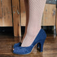 30s Peep Toe Pumps High Heel Shoes Navy Blue Suede  5.5