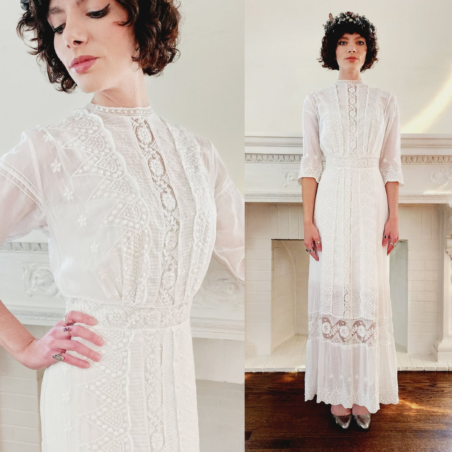 Edwardian White Cotton Lawn Dress Crochet Front Lace Embroidery Florence / S