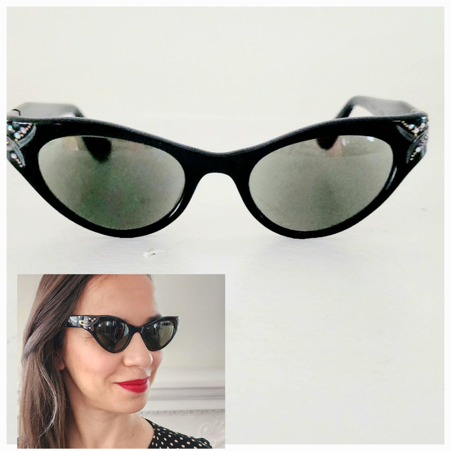 50s SWANK Cat Eye Glasses Black Rhinestone Frames Made in France