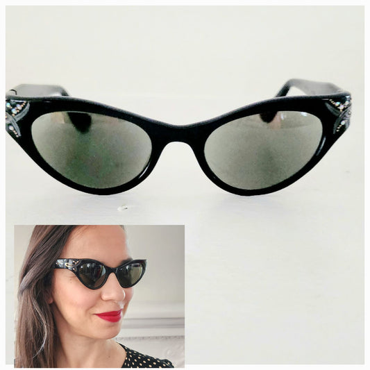 50s SWANK Cat Eye Glasses Black Rhinestone Frames Made in France