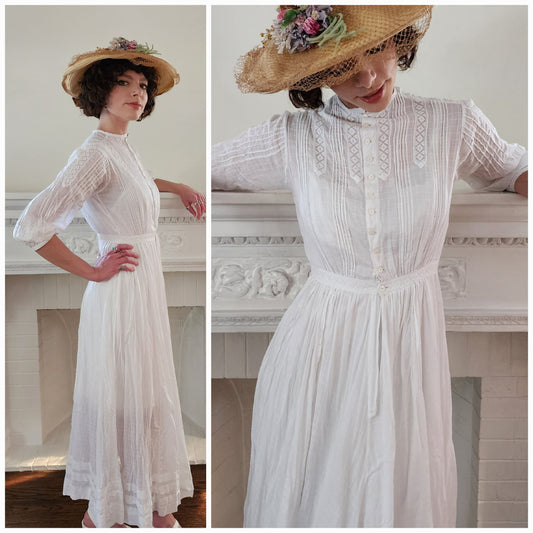 Edwardian White Cotton Day Dress Embroidered Lace Trim