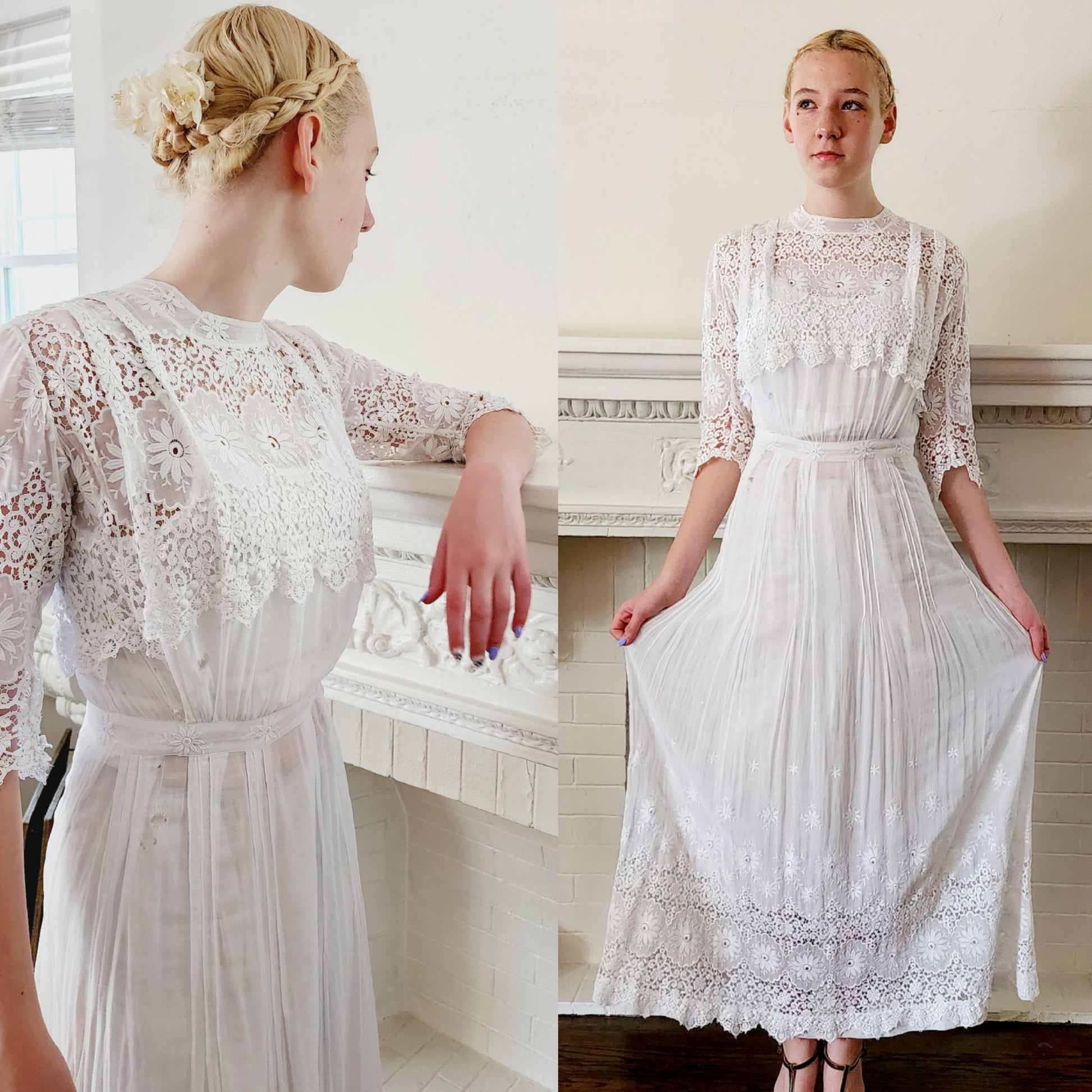 Edwardian White Cotton Tea Dress Embroidered Crochet Lace AS IS / XS RareJule Vintage Edwardian White Cotton Tea Dress Embroidered Crochet Lace AS IS / XS RareJule Vintage