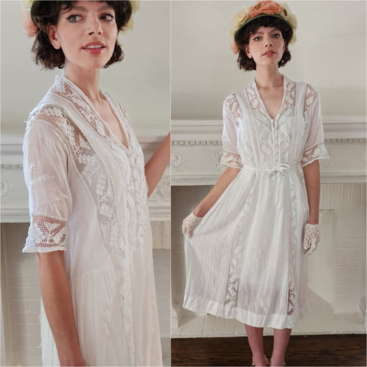 1910s 1920s White Cotton Tea Dress Sash Belt Button Down Front