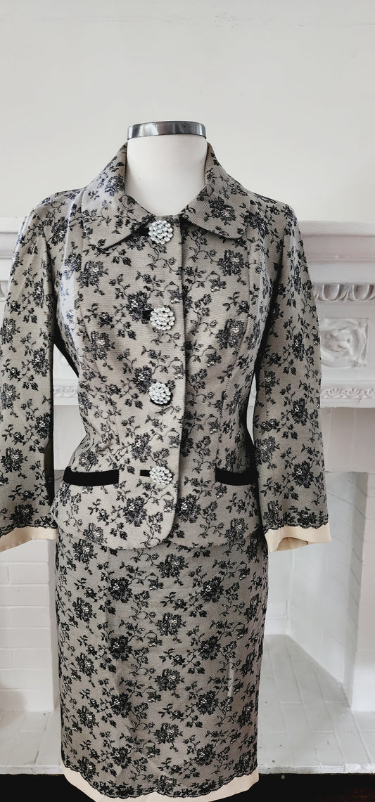 Retro 50s Style Skirt Suit Tracy Reese Black Lace Print M