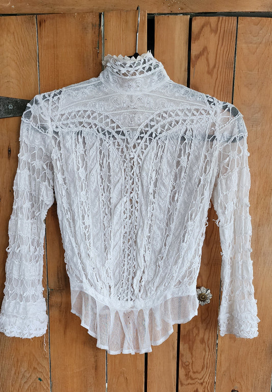Edwardian White Blouse Crochet Lace High Neckline XS