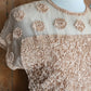 50s Peach Pink Party Dress Ribbon Lace Short Sleeves Caledonia