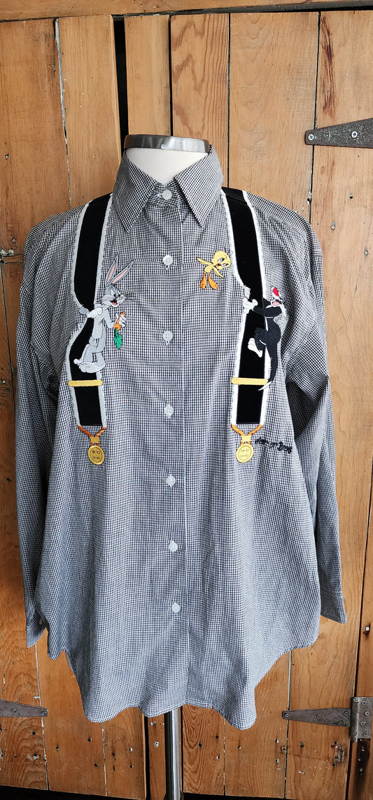 90s Warner Bros Shirt Button Down Checked Print Bugs Bunny Donald Duck