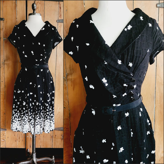 90s Does 50s Dress Black w/White Floral Print Julian Taylor