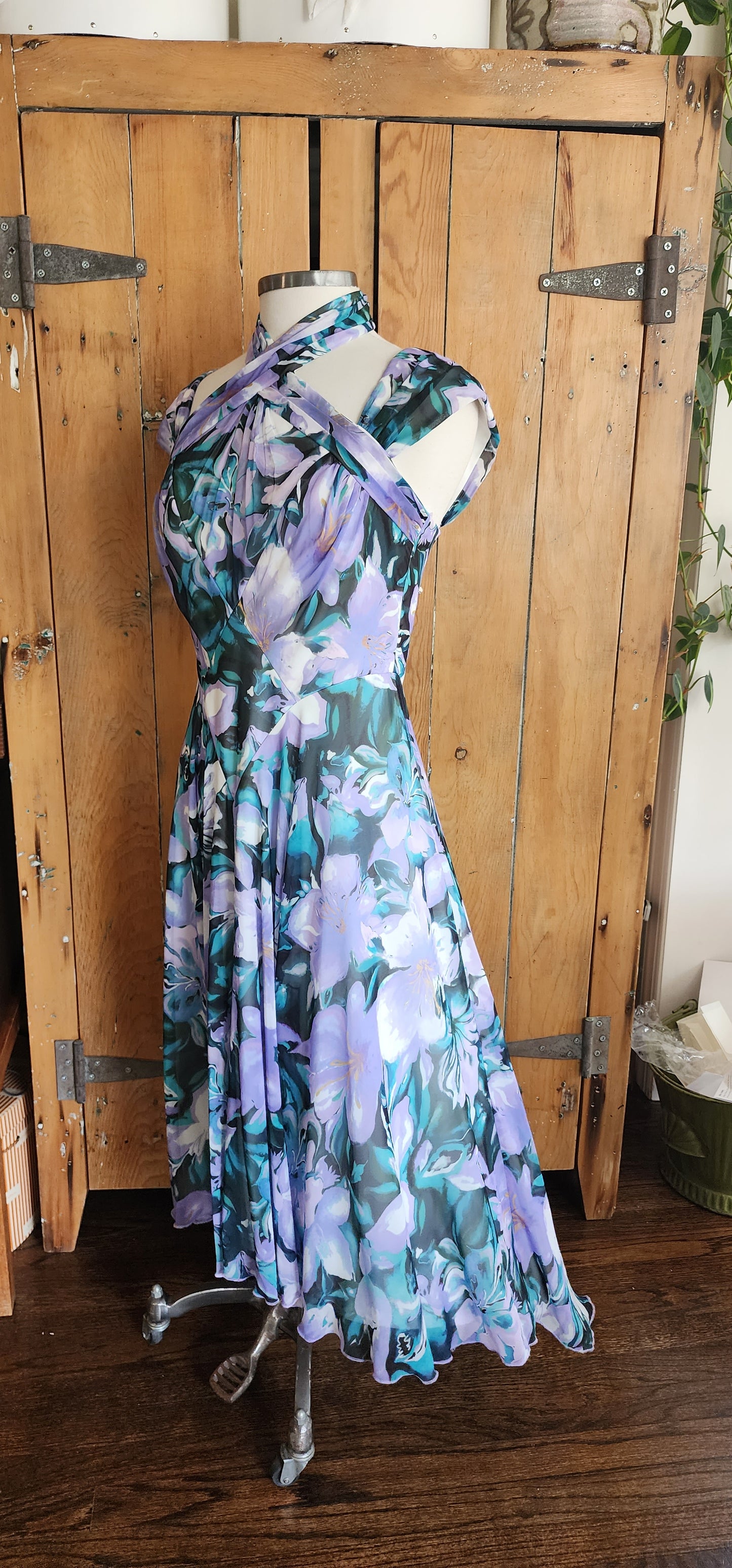 Tadashi Shoji Dress Lilac Floral Print Halter Top Asymmetrical Top