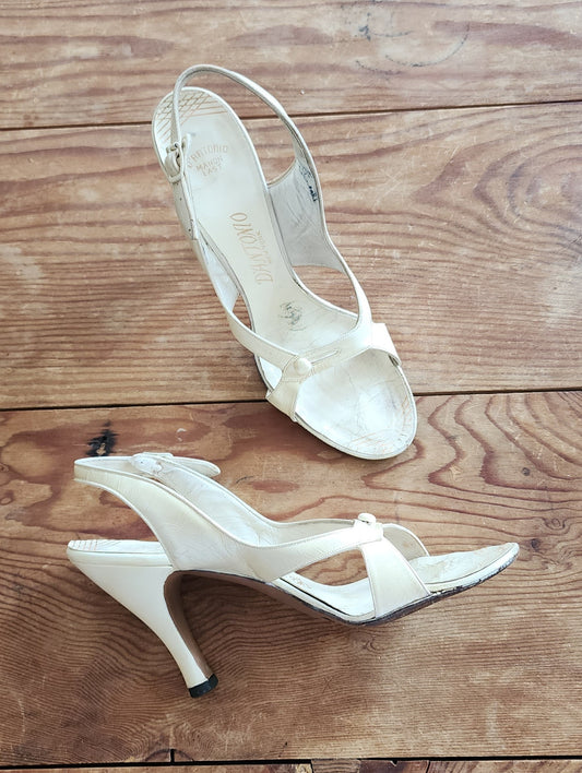 50s White Leather Party Shoes Heels Slingbacks O'Connor Goldberg Size 8