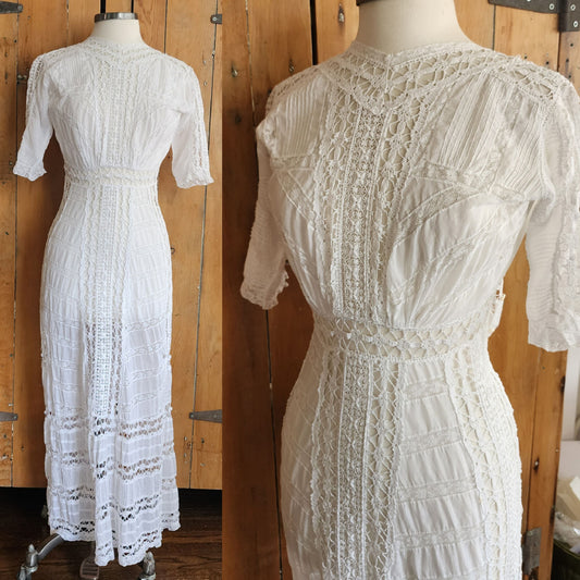 Edwardian Lingerie Dress White Cotton Crochet Lace XS