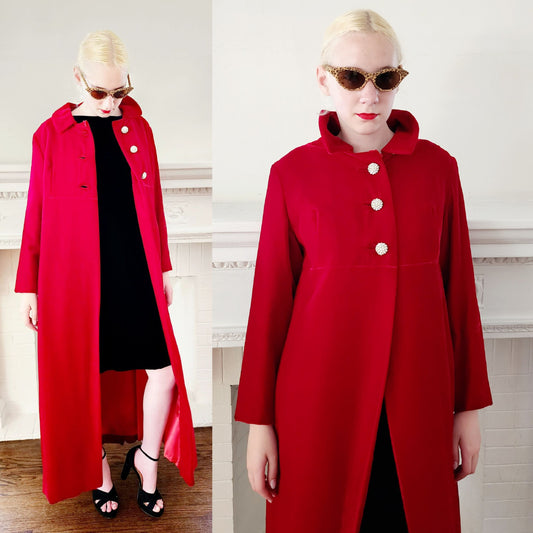 60s Red Velvet Evening Coat Rhinestone Buttons Bramson