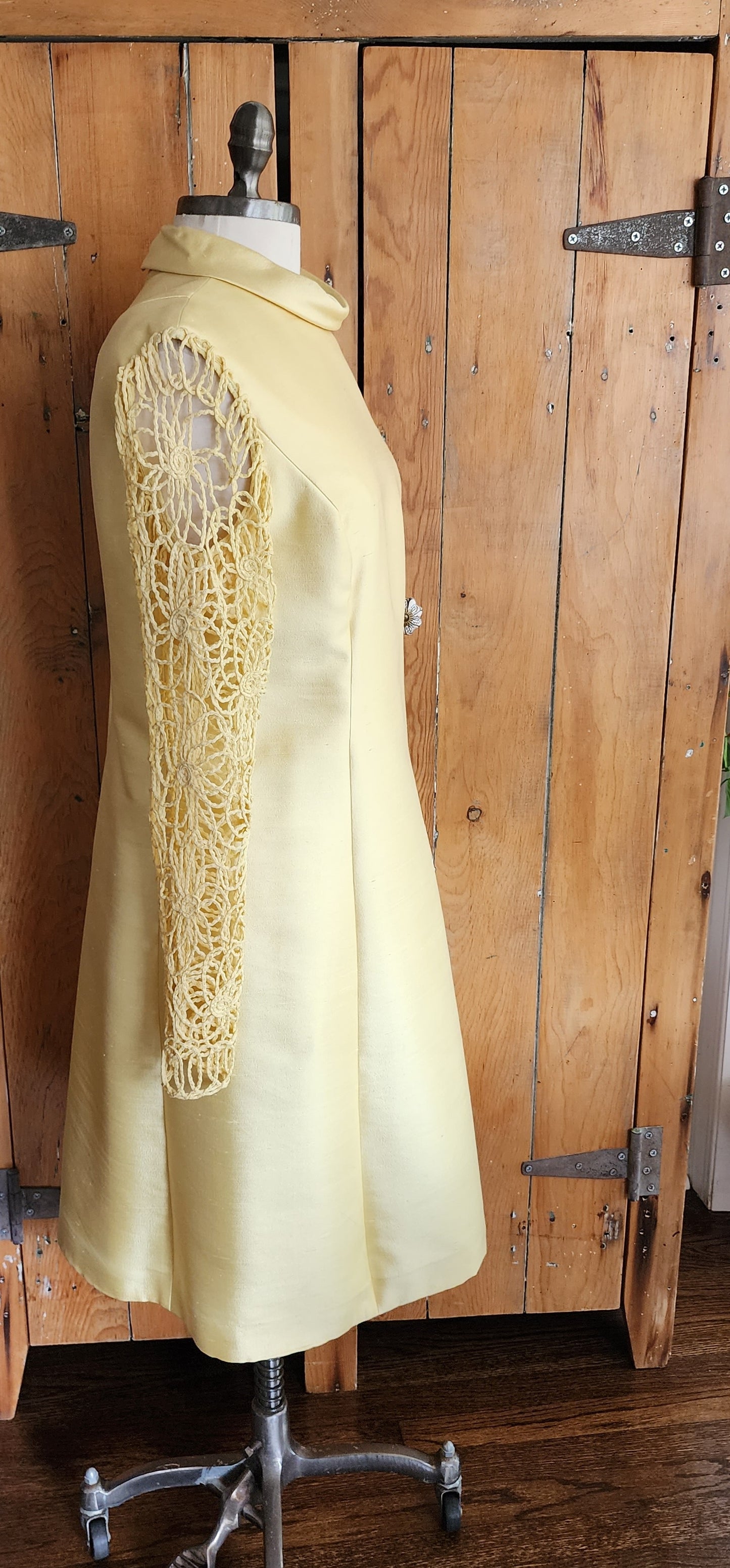 60s Yellow Silk Dress Crocheted Long Sleeves L