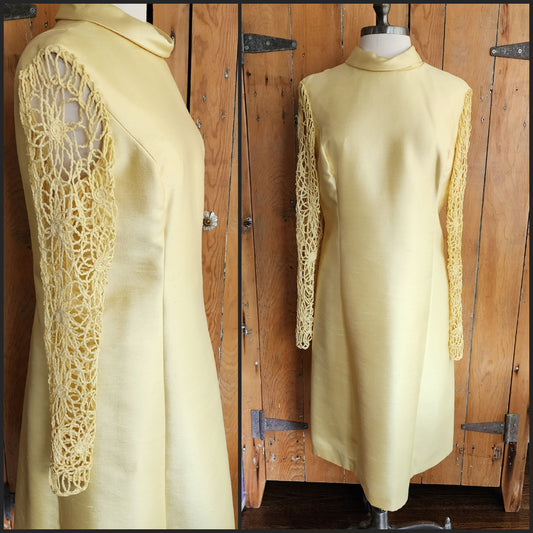 60s Yellow Silk Dress Crocheted Long Sleeves L