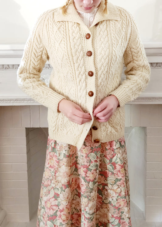 60s Irish Sweater Cardigan Barnas-Mor Cream Wool Donegal Handknit NWT