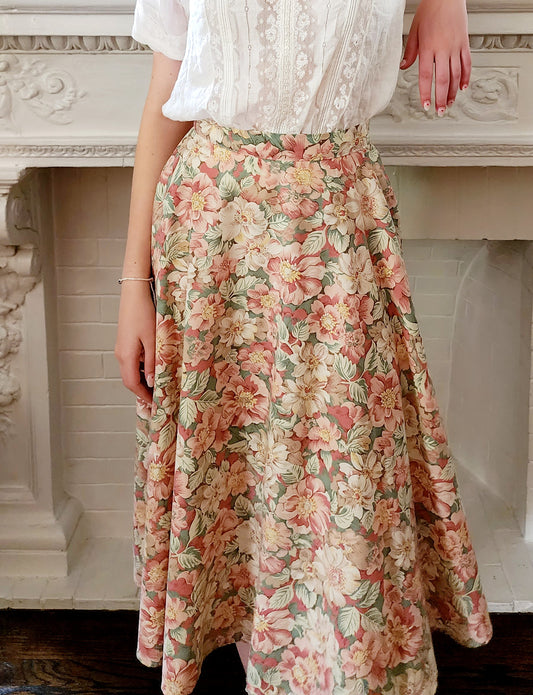 70s Skirt Pastel Floral Print Midi Length S