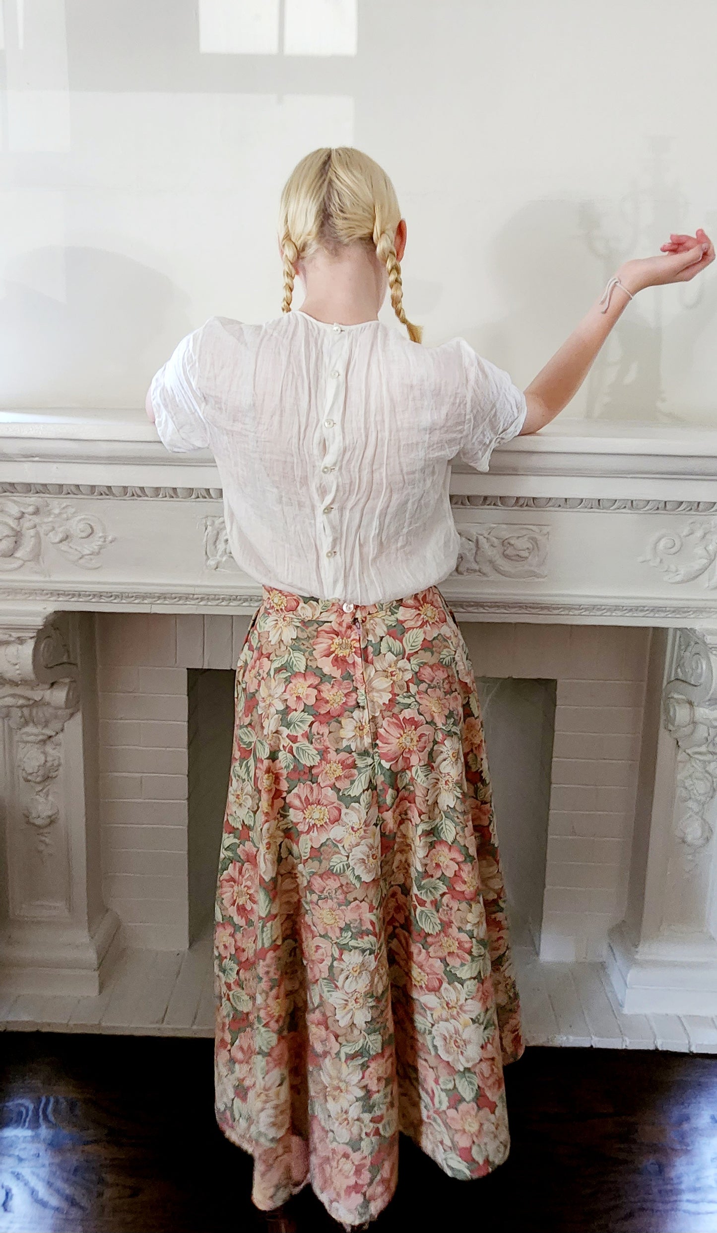 70s Skirt Pastel Floral Print Midi Length S