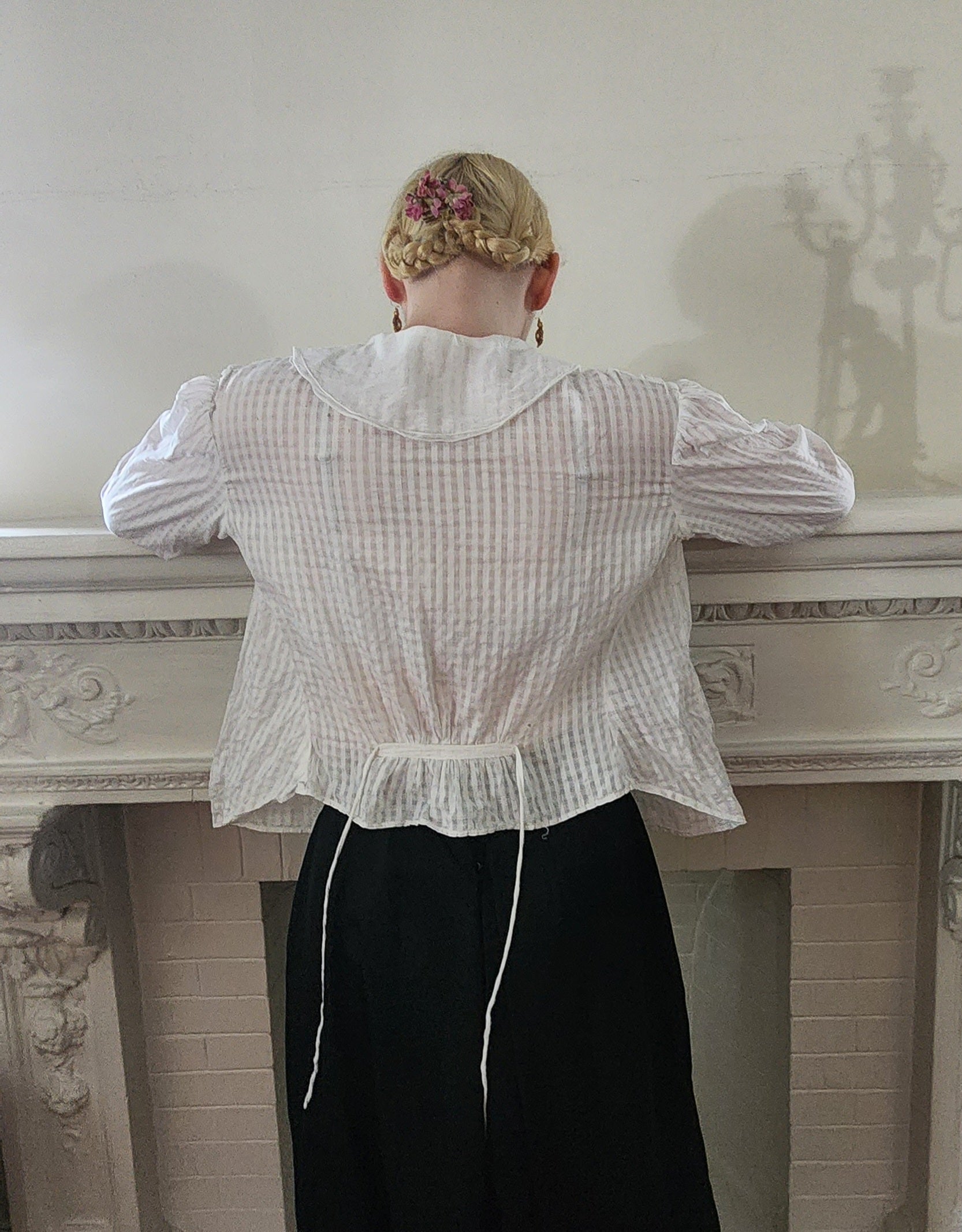 Edwardian White Blouse Checkered Pattern Large