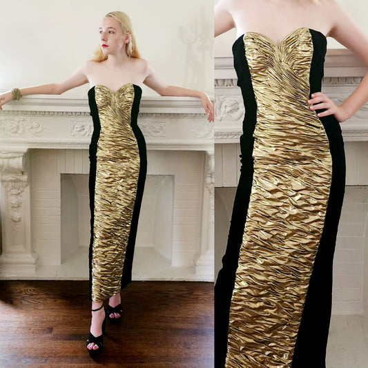 80s Black Velvet Strapless Dress Gold Ruched Front Vicky Tiel