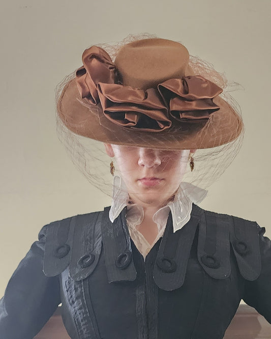 80s Brown Floral Hat Neo Edwardian Style w/Veil