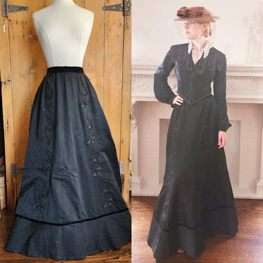 1910s Black Satin Long Skirt Leaf Applique Edwardian Costume AS IS