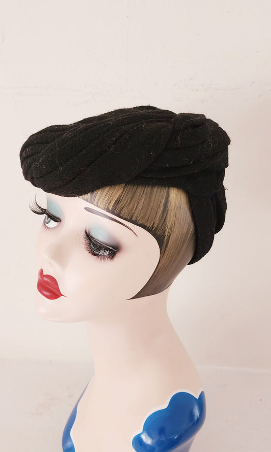 1930s Black Cloth Hat Rear Strap Debutante Room Marshall Field