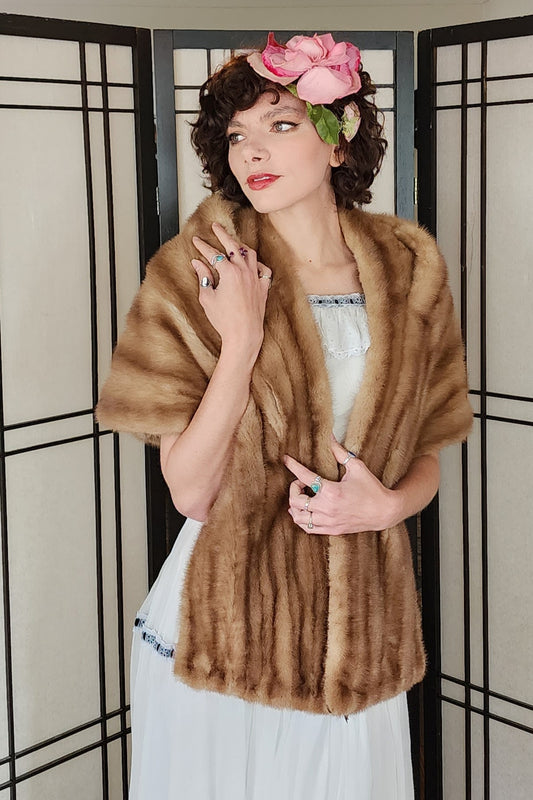 50s Mink Fur Stole Caramel Brown Wrap Shawl