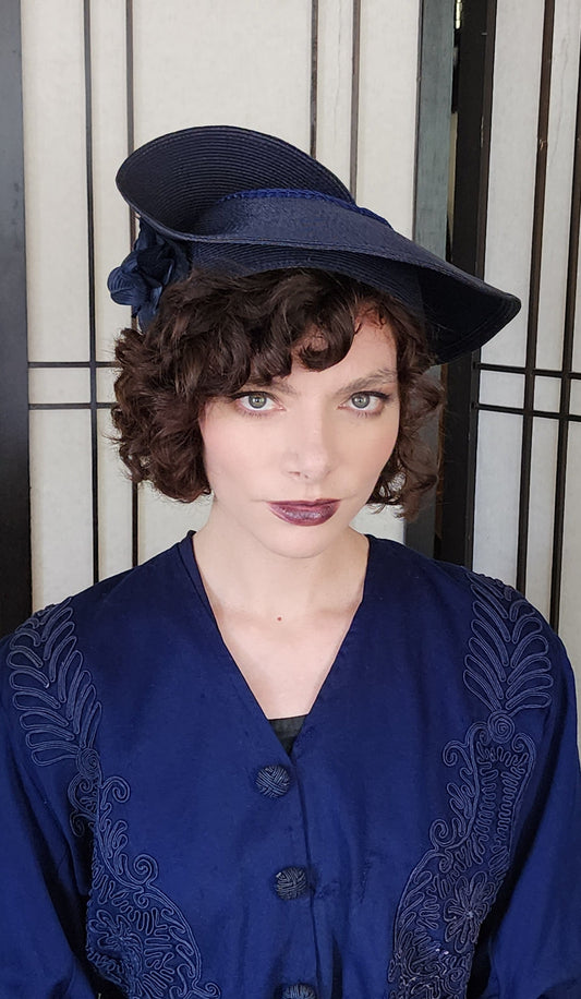80s Does 30s Navy Blue Straw Hat Asymmetrical Modernist