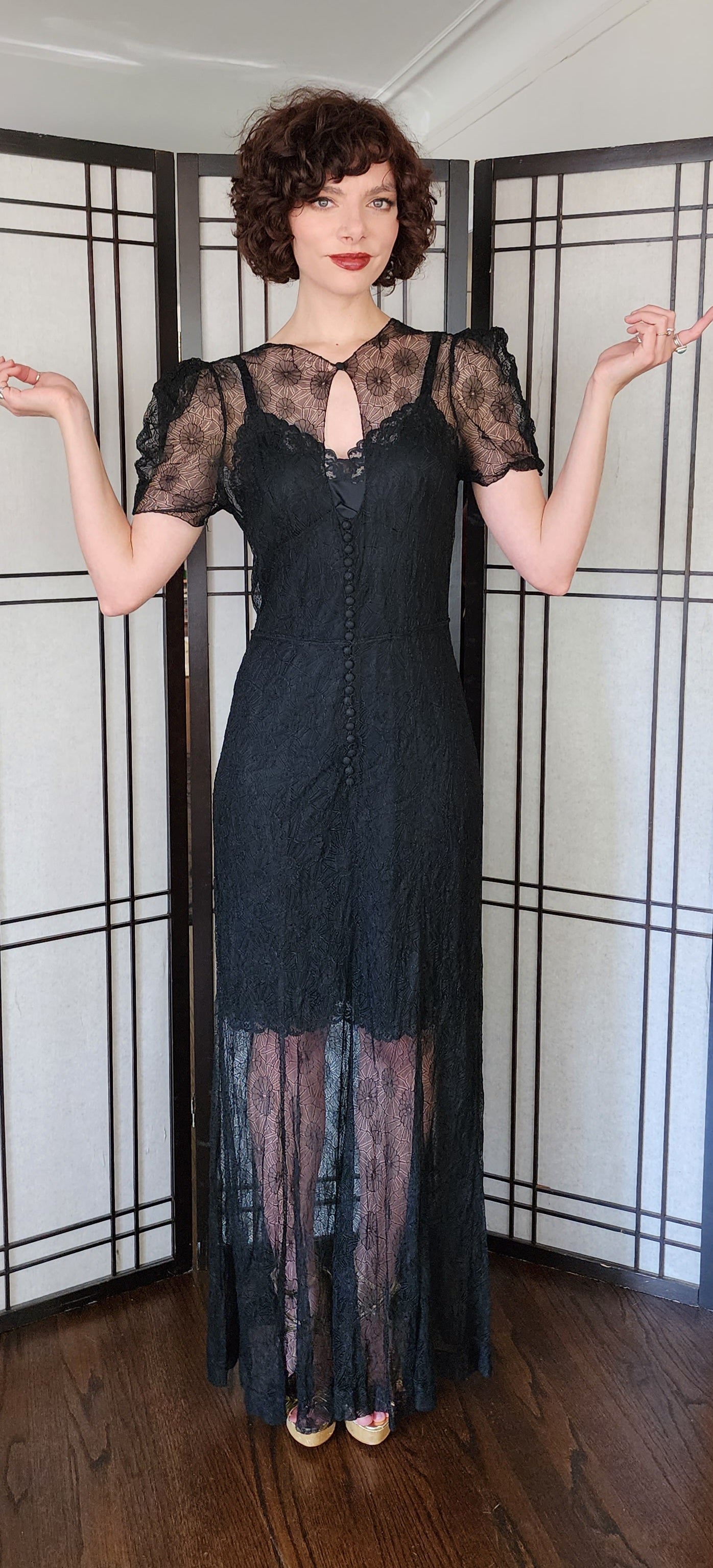 30s Sheer Black Lace Evening Dress Short Puffed Sleeves
