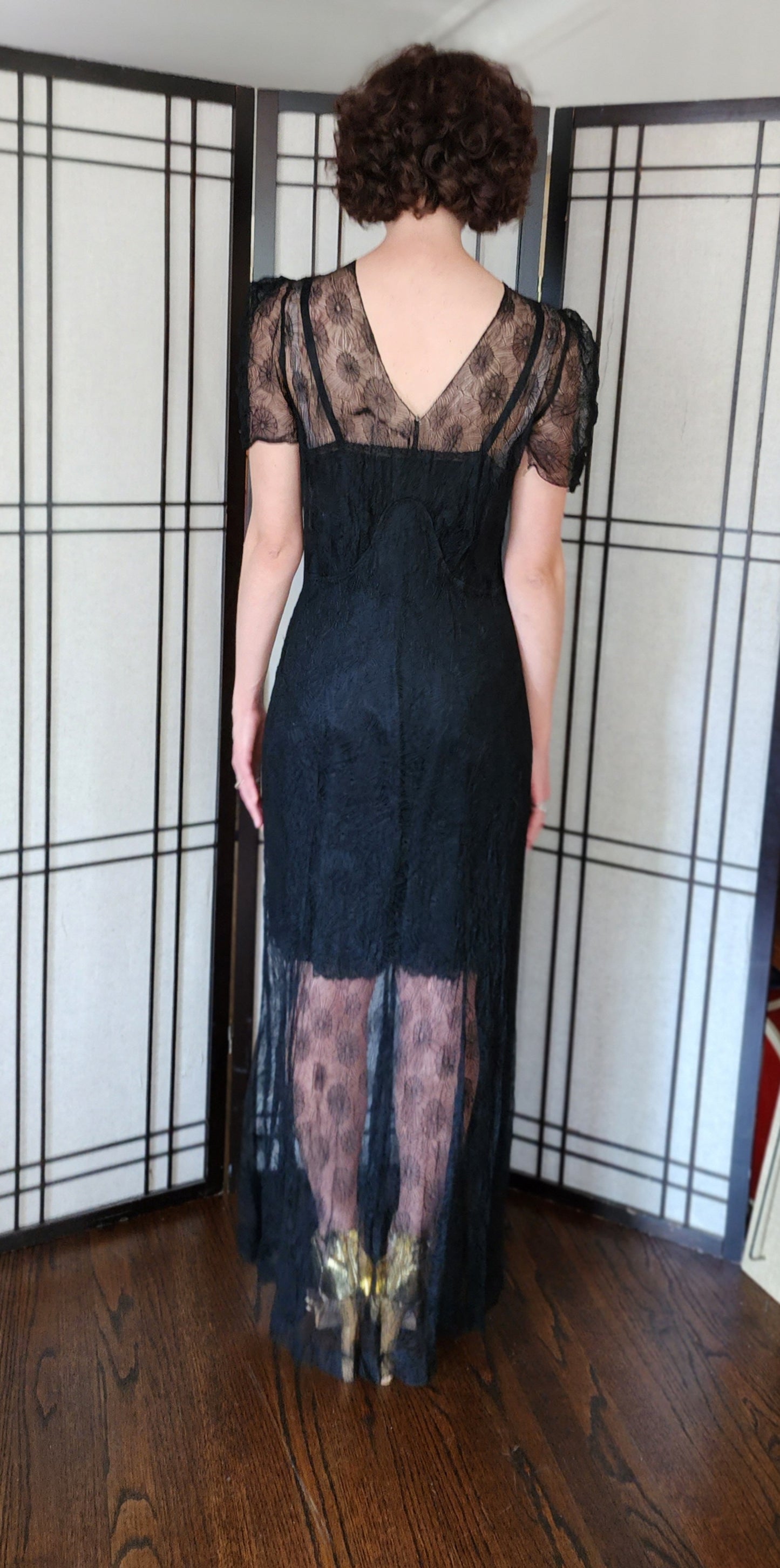 30s Sheer Black Lace Evening Dress Short Puffed Sleeves