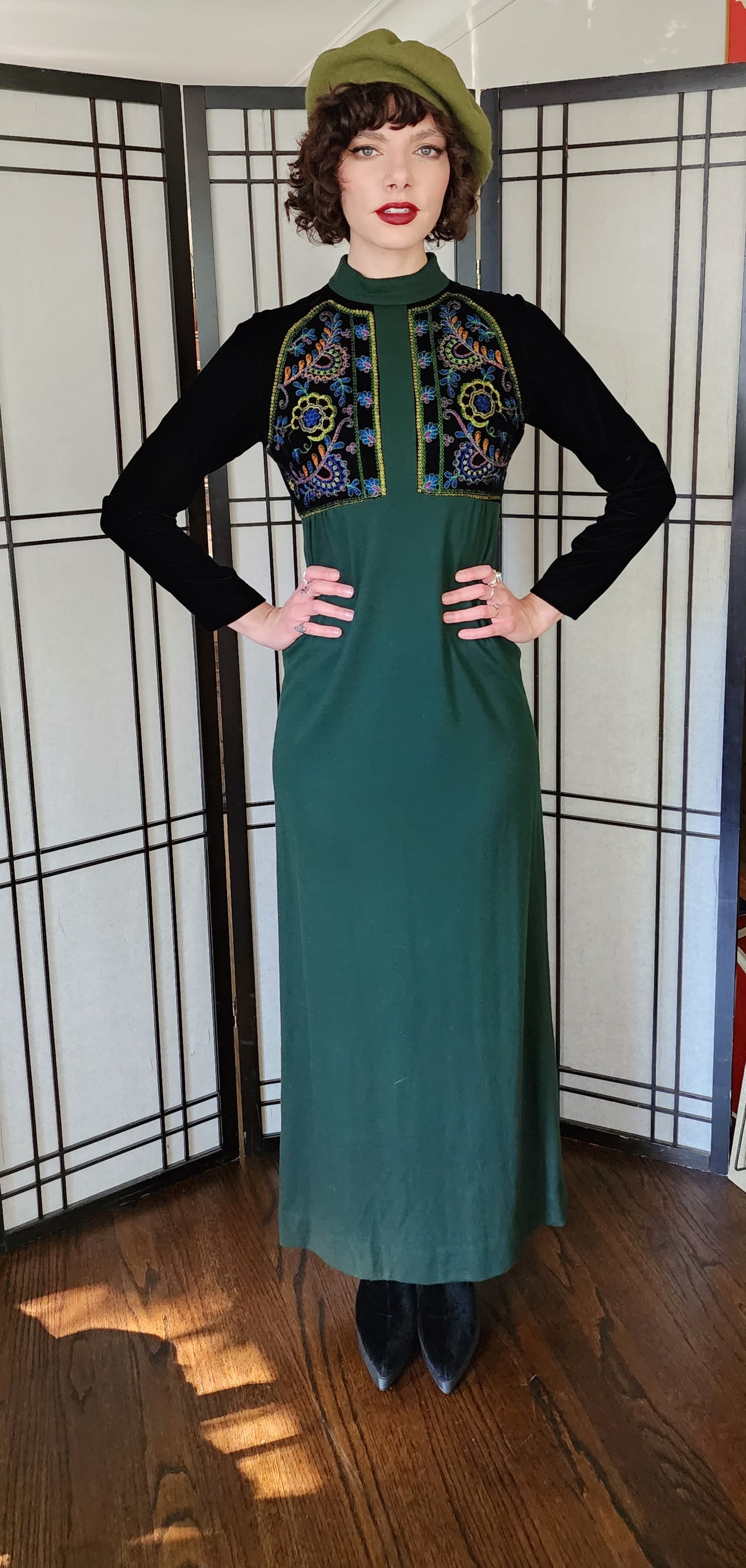 70s Embroidered Maxi Dress Green Wool Black Velvet Long Sleeve Craig