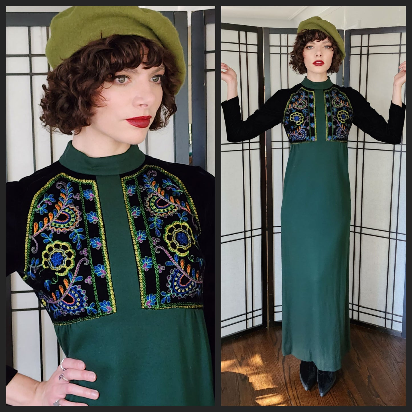 70s Embroidered Maxi Dress Green Wool Black Velvet Long Sleeve Craig
