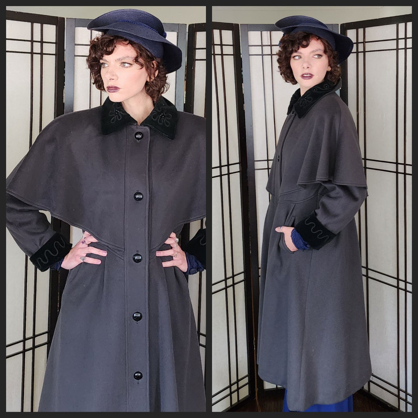 80s Gray Wool Coat w/Embroidered Velvet Collar & Shoulder Panel Charles Klein