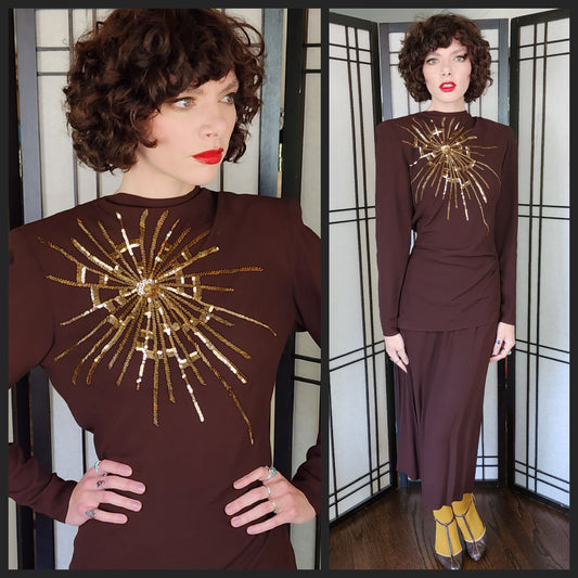 40s Skirt Suit Brown Rayon Gold Sequined Top Sunburst Star Fred A Block