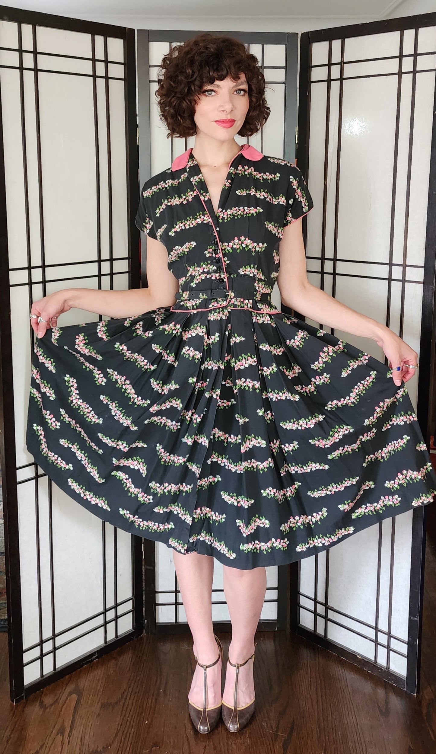 50s Cotton Shirtwaist Dress Black Pink Floral Print