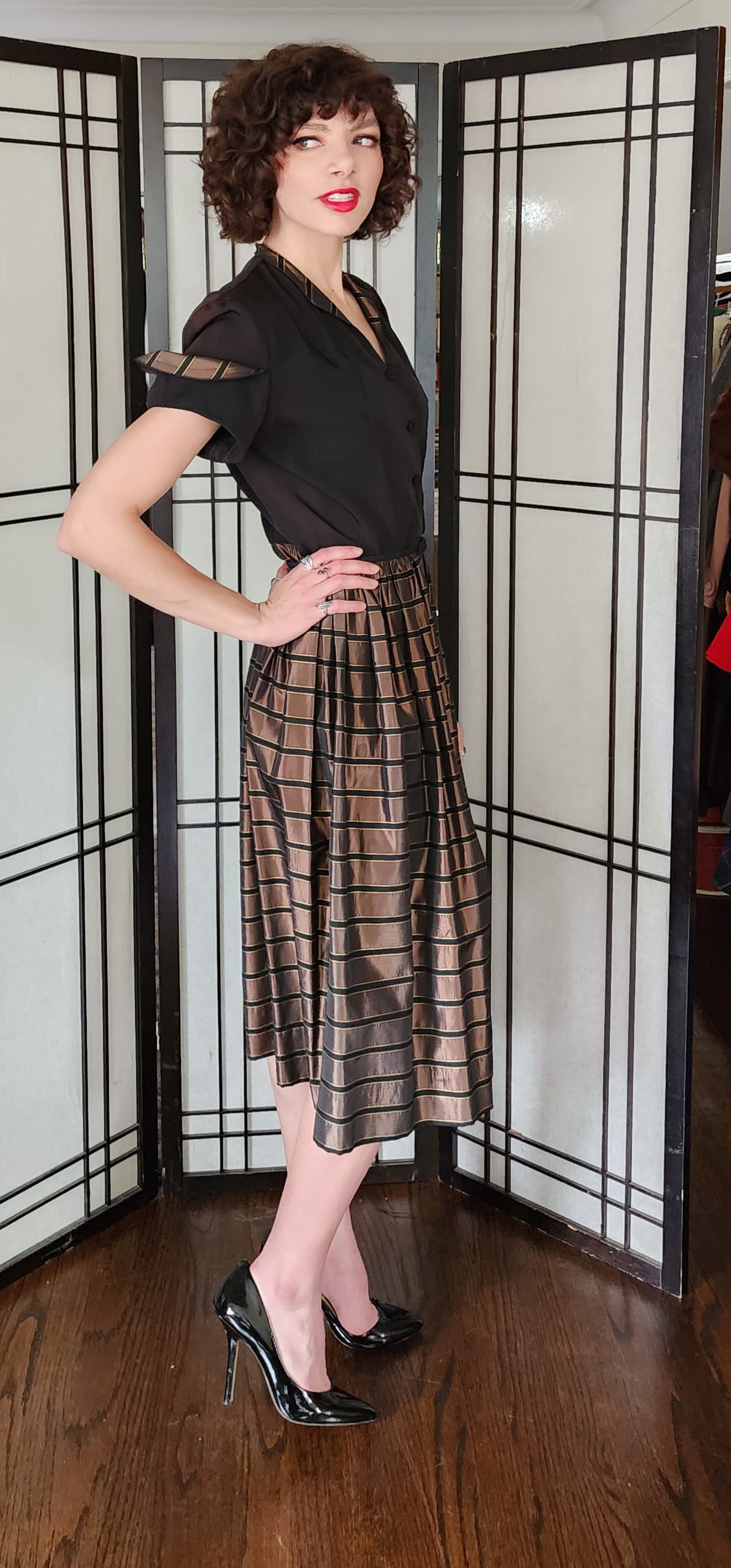 50s Party Dress Copper & Black, Striped Skirt, Shirtwaist Laura Lee