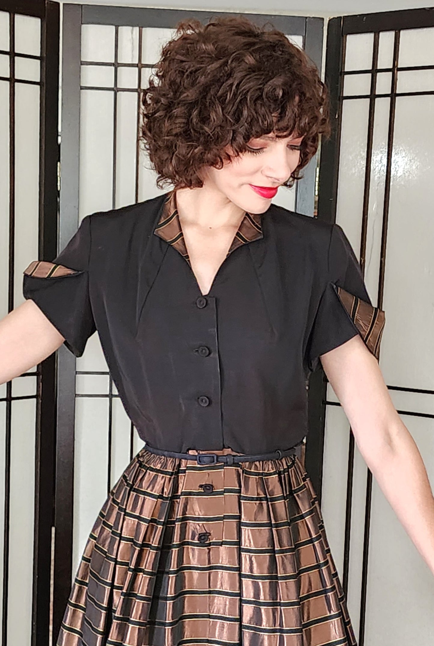 50s Party Dress Copper & Black, Striped Skirt, Shirtwaist Laura Lee