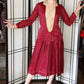 1920s Day Dress Long Sleeves Burgundy Red Silk Beige Lace M /L